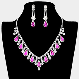 Crystal Rhinestone Bubbly Teardrop Necklace Clip on Earring Set