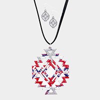 Enamel Aztec Pattern Pendant Leather Long Necklace