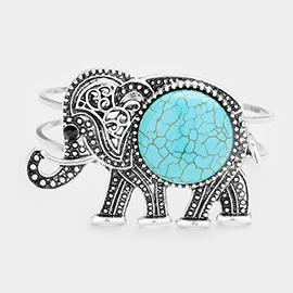 Natural Stone Accented Embossed Metal Elephant Hinged Bracelet