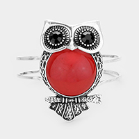 Embossed Metal Owl Red Coral Wire Hinged Bracelet