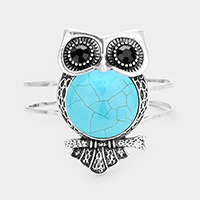 Embossed Metal Owl Turquoise Wire Hinged Bracelet