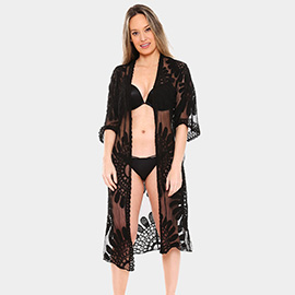 Floral Patterned Long Lace Cover Up Kimono Poncho
