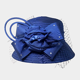 Studded Bow Flower Mesh Dressy Hat