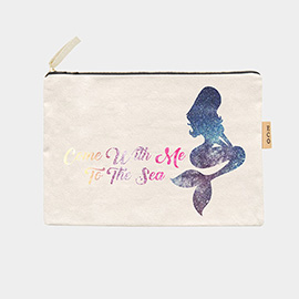Come With Me to the Sea Message Mermaid Printed Cotton Canvas Eco Pouch Bag