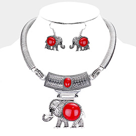 Natural Stone Embossed Metal Elephant Pendant Necklace