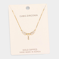 Gold Dipped CZ Angel Wings Key Pendant Necklace