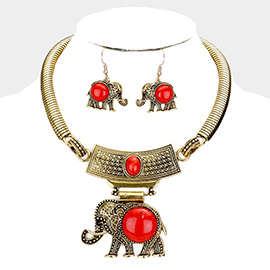 Natural Stone Embossed Metal Elephant Pendant Necklace