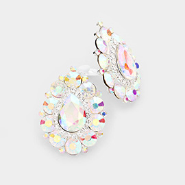 Pave Trim Crystal Teardrop Evening Clip On Earrings