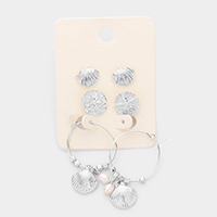 3Pairs - Metal Shell Sand Dollar Pearl Dangle Earrings