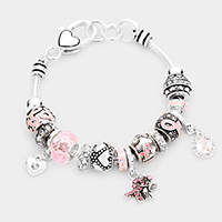 Multi Bead Heart Embossed Metal Pink Ribbon Bracelet