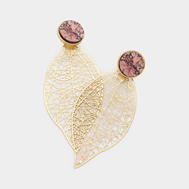 Pattern Print Wood Metal Filigree Leaf Drop Earrings