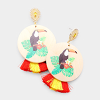 Water Color Toucan Round Wood Tassel Earrings