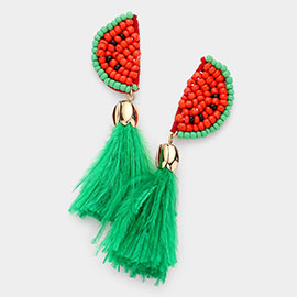 Seed Bead Watermelon Feather Tassel Dangle Earrings
