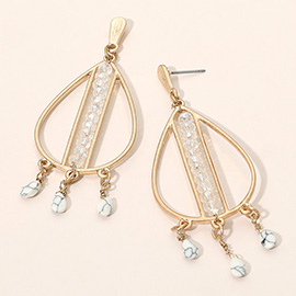 Cut Out Metal Teardrop Triple Natural Stone Dangle Earrings