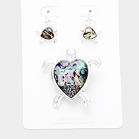 Heart Abalone Detail Metal Turtle Magnetic Pendant Set