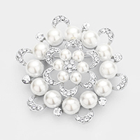 Round Crystal Pearl Flower Pin Brooch