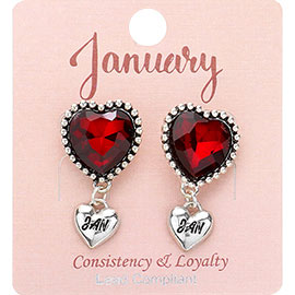January - Birthstone Heart Dangle Clip On Earrings
