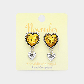 November - Birthstone Heart Dangle Clip On Earrings