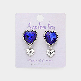 September - Birthstone Heart Dangle Clip On Earrings