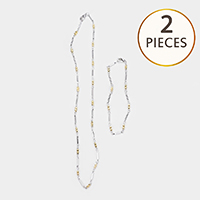 2Pcs - Two Tone Station Metal Link Bracelet & Necklace Set