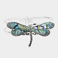 Abalone Dragonfly Antique Metal Hinged Bracelet