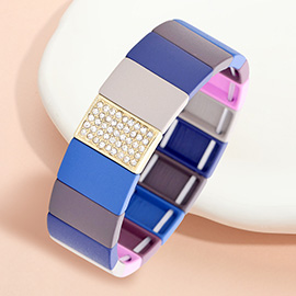 Colorful Wood Rectangle Rhinestone Pave Stretch Bracelet