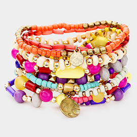 11PCS - Colorful Strand Bead Metal Layered Stretch Bracelets