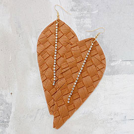 18K Gold Dipped Textured Faux Leather Feather Rhinestone Drop Earrings