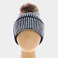 Double Layer Bedazzled Cuffed Pom Pom Beanie Hat 