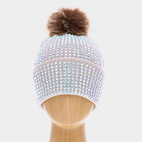 Double Layer Bedazzled Cuffed Pom Pom Beanie Hat 