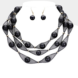 Triple Mesh Tube Pearl Collar Necklace