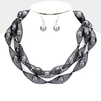 Triple Mesh Tube Pearl Collar Necklace