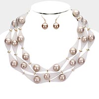 Triple Mesh Tube Pearl Collar Necklace