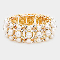 Pearl Rhinestone Pave Evening Stretch Bracelet