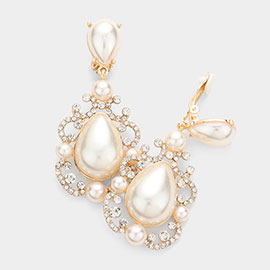 Teardrop Crystal Pearl Dangle Evening Clip on Earrings