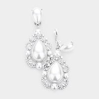 Teardrop Crystal Pearl Dangle Evening Clip on Earrings