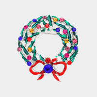 Rhinestone & Lacquered Christmas Wreath Pin brooch