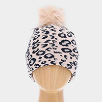 Cheetah Print Double Layered Pom Pom Beanie Hat