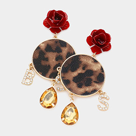 Flower Leopard Patterned Round Boss Message Link Dangle Earrings