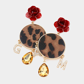 Flower Leopard Patterned Round Glam Message Link Dangle Earrings