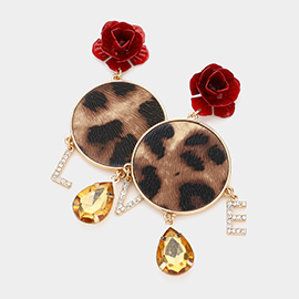 Flower Leopard Patterned Round Love Message Link Dangle Earrings