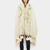 Faux Fur Trim Pom Pom Dangle Poncho