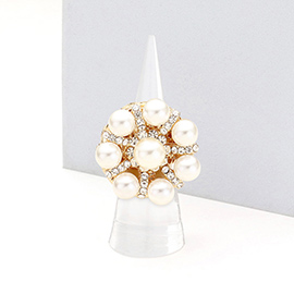 Floral Pearl Crystal Rhinestone Pave Stretch Ring