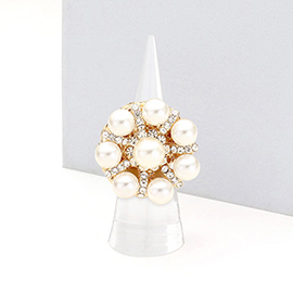 Floral Pearl Crystal Rhinestone Pave Stretch Ring 