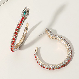 Crystal Rhinestone Pave Textured Metal Snake Hoop Earrings