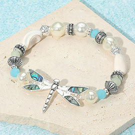 Abalone Antique Metal Dragonfly Pearl Beaded Stretch Bracelet