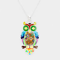 Acrylic Colorful Pattern Owl Pendant Necklace