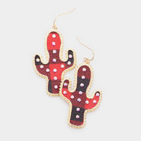 Buffalo Check Plaid Pattern Rhinestone Cactus Earrings