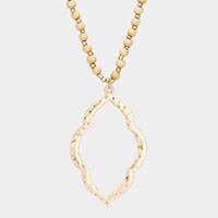 Open Metal Quatrefoil Pendant Wood Ball Long Necklace 