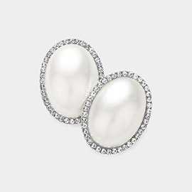 Oval Pearl Rhinestone Paved Rim Earrings